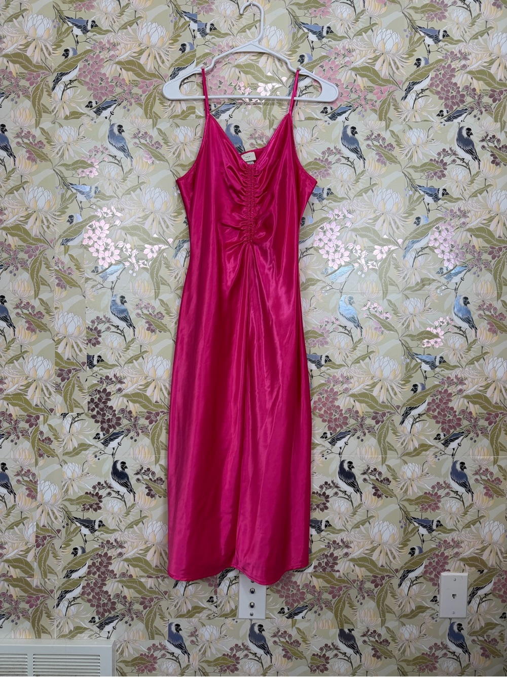 Fuchsia Satin Maxi Slip Dress with Ruched Front